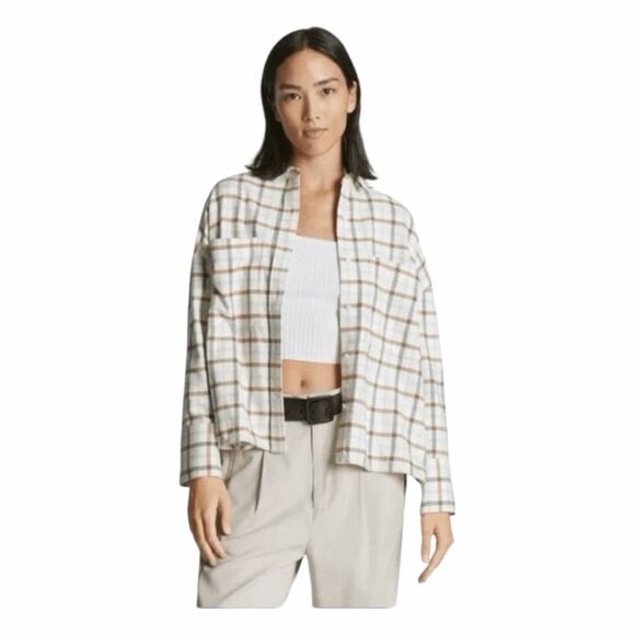 Everlane the Boxy Flannel Button Down Shirt Cream Brown Plaid M - Picture 1 of 8